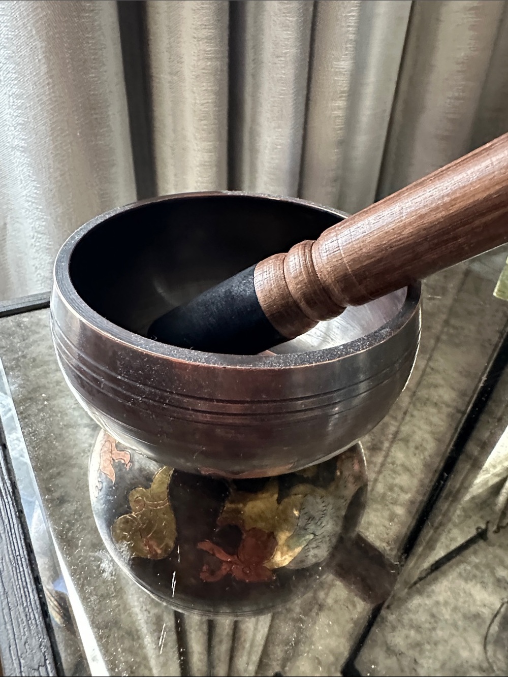 Decorative Singing Bowl with Wooden Mallet - Dark Brown